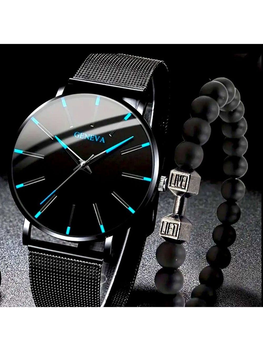 Geneva Men’s Blue Accent Watch & "Lift" Bead Bracelet Set